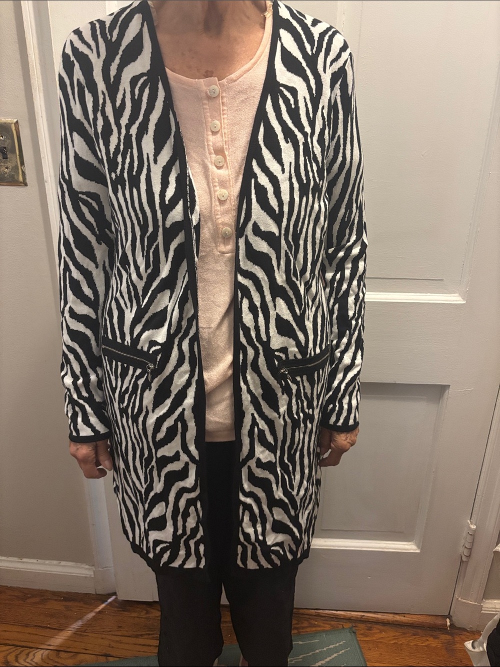 Zebra Print Open-Front Cardigan - Black & White 3/4 length